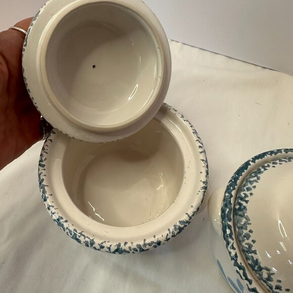 Corelle Inspired Blue Heart Stoneware Soup, Chili 2-Crocks Spongeware Vintage - Picture 7 of 13